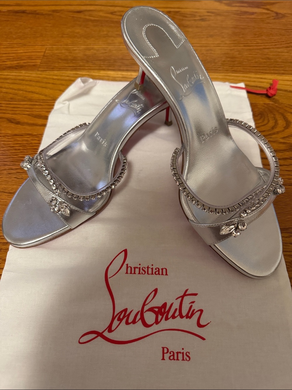 NEW - Christian Louboutin Silver Crystal-Trim Slide Sandals - Picture 2 of 12